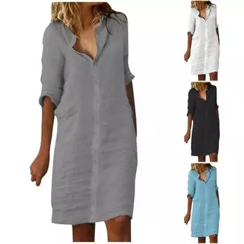 Женское летнее однотонное хлопково-льняное платье в стиле ретро с v-образным вырезом и рукавами 3/4, легкое дышащее платье L чёрный