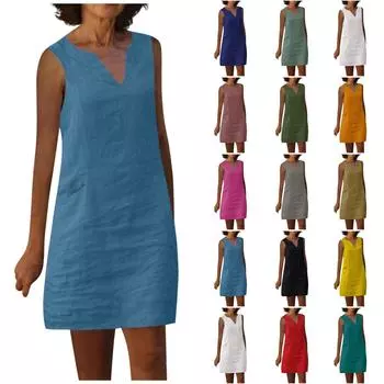 Женское летнее однотонное хлопково-льняное платье без рукавов в стиле ретро, легкое дышащее платье XL чёрный