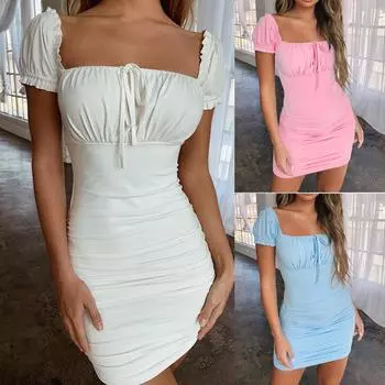 Женское летнее однотонное мини-платье с квадратным вырезом и короткими рукавами и рюшами L синий