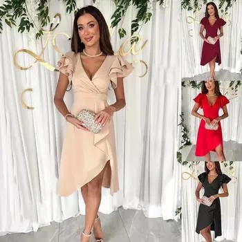 Женское летнее однотонное модное платье с V-образным вырезом и защипнутыми рукавами для поездок на работу S чёрный