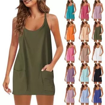 Женское летнее однотонное платье без рукавов с V-образным вырезом, регулируемое спортивное короткое платье на тонких бретельках с карманами XL циан