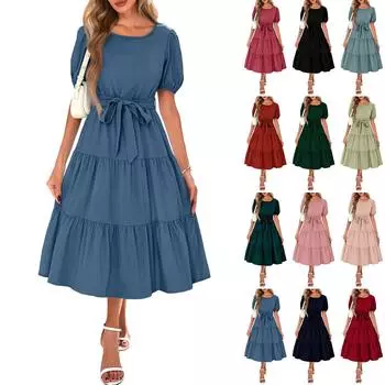 Женское летнее однотонное платье макси с коротким рукавом, круглым вырезом, поясом и струящейся юбкой в стиле бохо с карманами S