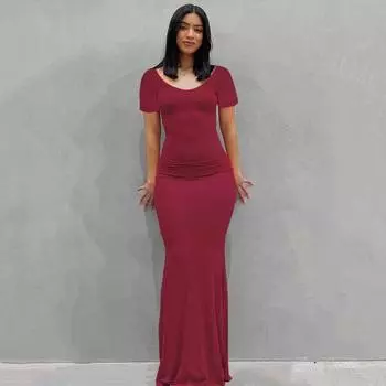 Женское летнее однотонное платье макси, сексуальное платье с V-образным вырезом, тонкий короткий рукав длиной до пола, платья «рыбий хвост» S