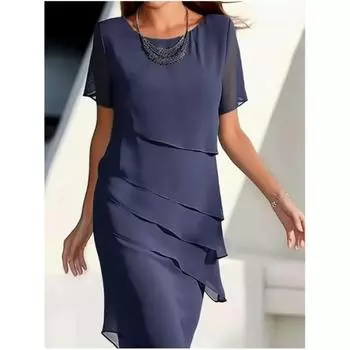 Женское летнее однотонное платье с блестками и оборками, повседневная юбка А-силуэта с круглым вырезом и коротким рукавом 3XL синий