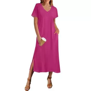 Женское летнее однотонное платье с коротким рукавом, пляжное платье с карманом, повседневное платье с V-образным вырезом и боковыми разрезами XXL