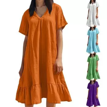 Женское летнее однотонное платье с короткими рукавами и кружевным v-образным вырезом с большим подолом M синий