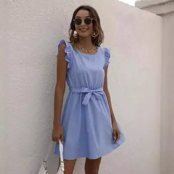 Женское летнее однотонное платье с круглым вырезом и шнуровкой на талии S синий