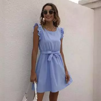 Женское летнее однотонное платье с круглым вырезом и шнуровкой на талии S