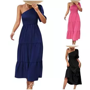 Женское летнее однотонное платье с открытыми плечами и пышными рукавами