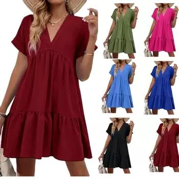 Женское летнее однотонное платье с v-образным вырезом и короткими рукавами с рюшами и подолом L ярко-розовый