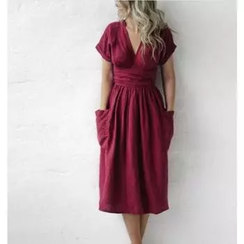Женское летнее однотонное платье с V-образным вырезом и короткими рукавами и карманами S розовый