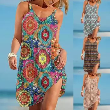 Женское летнее однотонное платье средней длины с регулируемым тонким ремешком и цифровым принтом в богемном стиле ретро на подтяжках XXL оранжевый