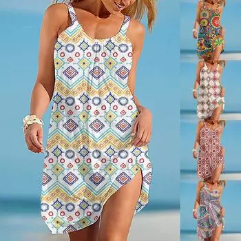 Женское летнее однотонное платье средней длины с регулируемым тонким ремешком и цифровым принтом в богемном стиле ретро на подтяжках XXL зелёный