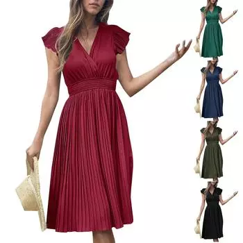 Женское летнее однотонное плиссированное платье с короткими рукавами, женское платье с сотней складок L армия зеленый