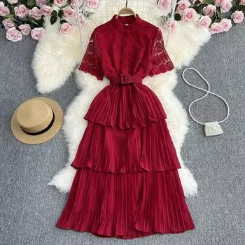 Женское летнее однотонное плиссированное полое элегантное многоуровневое платье в стиле ретро, весеннее кружевное платье с коротким рукавом и длинной высокой талией One Size