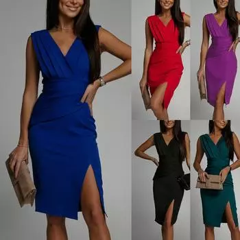 Женское летнее однотонное плиссированное вечернее элегантное платье без рукавов с v-образным вырезом и высокой талией L чёрный