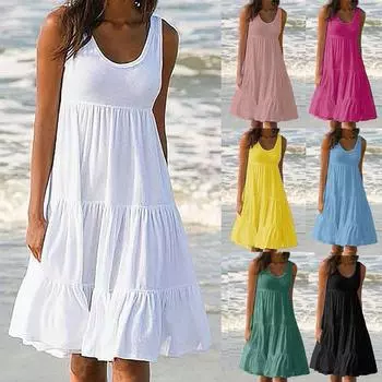 Женское летнее однотонное пляжное платье без рукавов с круглым вырезом и большим распашным принтом L чёрный