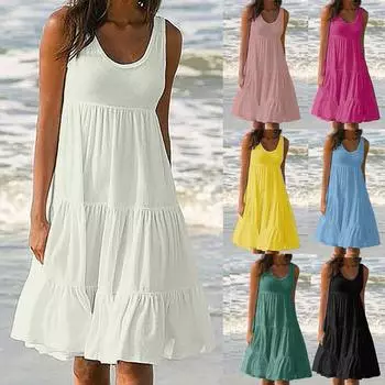 Женское летнее однотонное пляжное платье без рукавов с круглым вырезом и большим распашным принтом XXXXXL белый