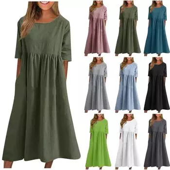 Женское летнее однотонное повседневное длинное однотонное платье с круглым вырезом и половиной рукава