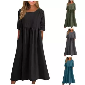 Женское летнее однотонное повседневное длинное однотонное платье с круглым вырезом и половиной рукава