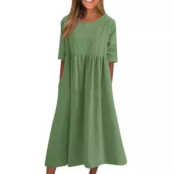Женское летнее однотонное повседневное длинное однотонное платье с круглым вырезом и половиной рукава XXXXXL зелёный