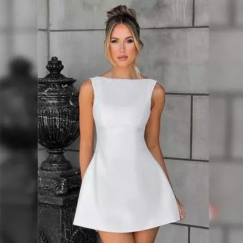 Женское летнее однотонное повседневное платье без рукавов с лямкой через шею, облегающее короткое платье S белый