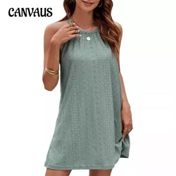 Женское летнее однотонное повседневное платье с круглым вырезом и бретелькой через шею S чёрный