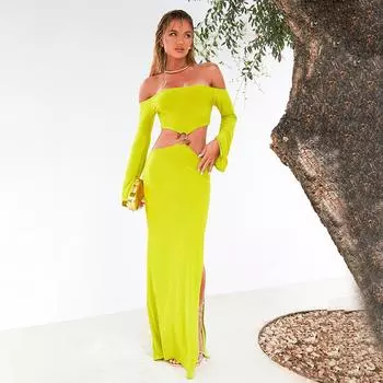 Женское летнее однотонное сексуальное платье с открытой талией и длинными рукавами S зелёный