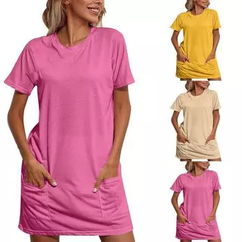Женское летнее однотонное свободное платье-футболка с круглым вырезом и короткими рукавами и карманами S