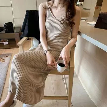 Женское летнее однотонное вязаное платье на подтяжках, ледяной шелк, утягивающая юбка с v-образным вырезом, длинная внутренняя однотонная юбка OneSize бежевый