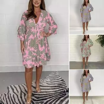 Женское летнее осеннее платье с V-образным вырезом и рукавами три четверти с принтом и эластичной резинкой на талии длиной до колена, плиссированное многослойное повседневное платье-миди