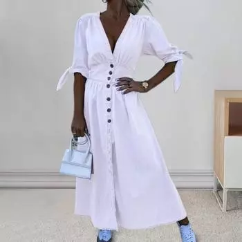 Женское летнее осеннее платье с v-образным вырезом и рукавами на шнуровке, однобортное однобортное однотонное плиссированное платье макси с высокой талией S верблюд