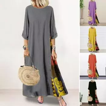 Женское летнее осеннее платье в стиле ретро с принтом в стиле пэчворк, круглый вырез, одинаковый цвет, рукава три четверти, трапециевидное женское платье макси с большим подолом 2XL жёлтый