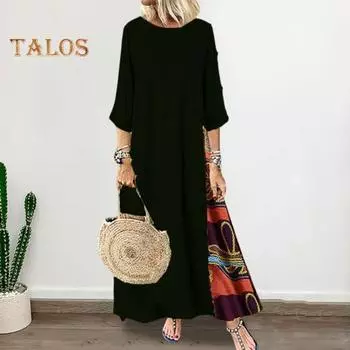 Женское летнее осеннее платье в стиле ретро с принтом в стиле пэчворк, круглый вырез, одинаковый цвет, рукава три четверти, трапециевидное женское платье макси с большим подолом 2XL жёлтый