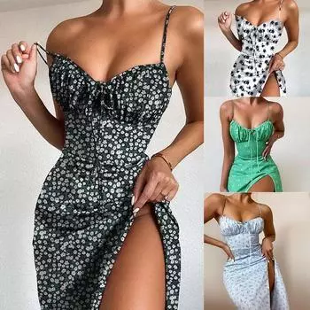 Женское летнее освежающее тонкое уздечку с цветочным принтом, романтическое сексуальное сексуальное платье с v-образным вырезом, винтажное платье на бретельках с открытыми плечами S вино красного