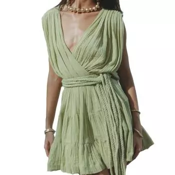 Женское летнее отпускное однотонное сексуальное новое платье с поясом на шнурке One Size