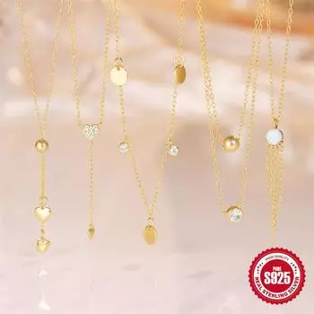 Женское летнее ожерелье из стерлингового серебра 925 пробы с сердцем/круглым цирконием, подвеска из протеинового камня, цепочка на ключицу, свадебное ювелирное изделие, подарок