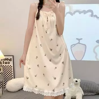 Женское летнее пижамное платье больших размеров - симпатичное, ночная рубашка средней длины на бретельках (Подходит для веса до 240 фунтов) M