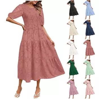 Женское летнее платье 2023 с пышными рукавами и цветочным принтом, кружевные струящиеся многоуровневые платья миди с круглым вырезом