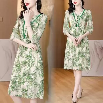 Женское летнее платье 2023 с v-образным вырезом, новые темпераментные зеленые платья средней длины с принтом L зелёный