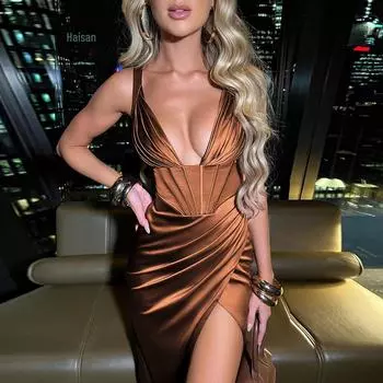 Женское летнее платье 2024 года с глубоким V-образным вырезом и открытой спиной, плиссированное Extra Small коричневый/кофейный