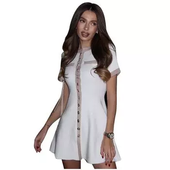 Женское летнее платье 2025 года с круглым вырезом, на пуговицах, контрастного цвета, вязаное, с короткой юбкой S белый