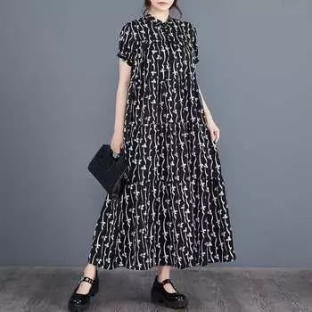 Женское летнее платье А-силуэта с коротким рукавом, черное, белое, с принтом, оверсайз туника, повседневное, свободного кроя, многоярусное платье one size fits all