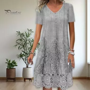 Женское летнее платье, ажурное кружевное платье с v-образным вырезом и пуговицами в стиле ретро, свободное платье трапециевидной формы длиной до колена с короткими рукавами и короткими рукавами 2XL светло-серый