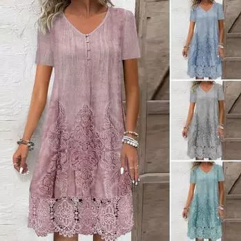 Женское летнее платье, ажурное кружевное платье с v-образным вырезом и пуговицами в стиле ретро, свободное платье трапециевидной формы длиной до колена с короткими рукавами и короткими рукавами 2XL светло-серый