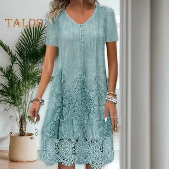 Женское летнее платье, ажурное кружевное платье с v-образным вырезом и пуговицами в стиле ретро, свободное платье трапециевидной формы длиной до колена с короткими рукавами и короткими рукавами 2XL светло-серый