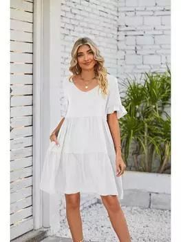 Женское летнее платье-бэбидолл с V-образным вырезом и 3-ярусным оборчатым подолом, повседневный свободный сарафан без рукавов для пляжа и повседневной носки S чёрный