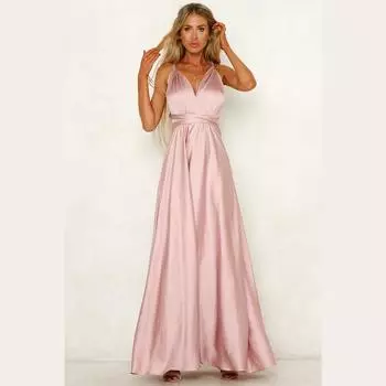 Женское летнее платье-бандаж с V-образным вырезом и открытой спиной, атласное, однотонное, с большим подолом, цельное платье XL розовый