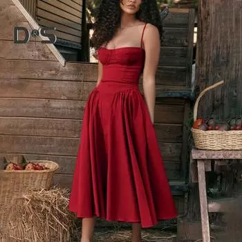 Женское летнее платье-бандо с корсетом, свободный подол, карманы, платье-трапеция, миди, однотонное вечернее платье M темно-синий