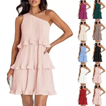 Женское летнее платье без рукавов 2024, бохо на одно плечо с рюшами, многослойные шифоновые струящиеся платья трапециевидной формы S чёрный